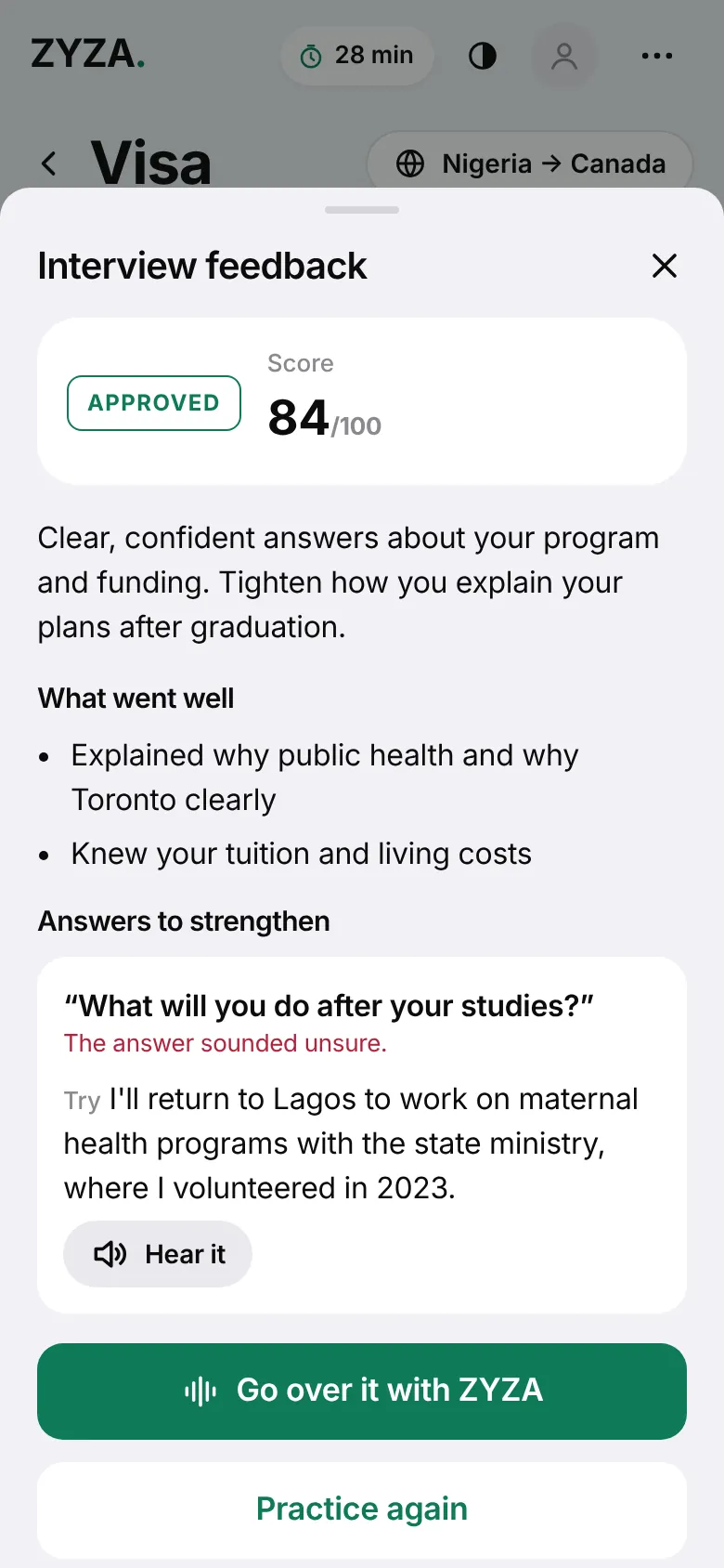 Interview feedback with an approved verdict and a score of 84 out of 100